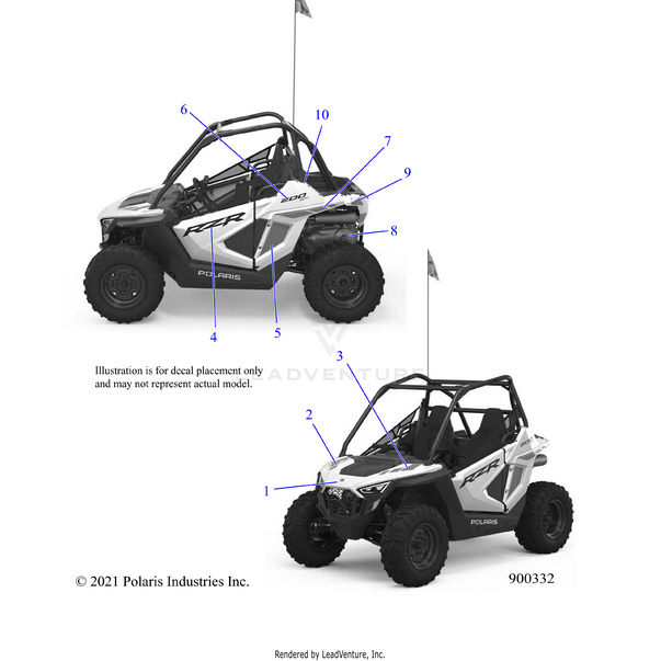 An Image of a Genuine Polaris Parts Schematic Diagram showing the schematic - BODY: DECALS - 2021 POLARIS RZR 200