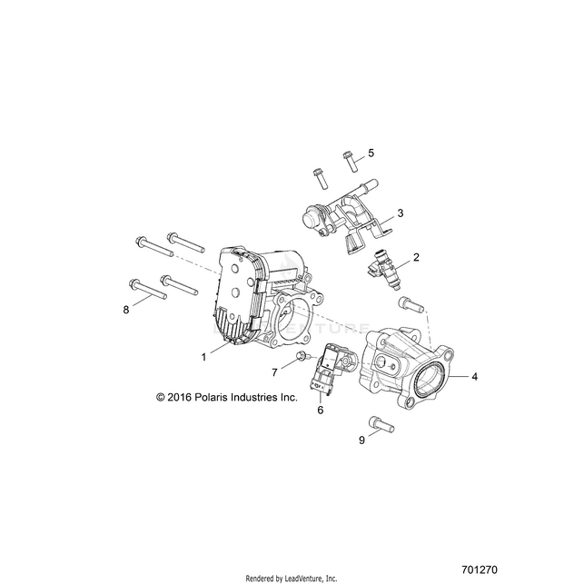 An Image of a Genuine Polaris Parts Schematic Diagram showing the schematic - ENGINE: THROTTLE BODY and FUEL RAIL - 2018 POLARIS RZR 570