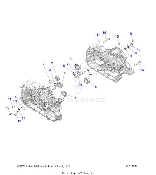 Exploded motorcycle engine diagram featuring Polaris OEM parts, including the Bearing Cam Idler by Polaris. Each part is numbered for easy ID. Image displays the Indian Motorcycle logo and copyright.