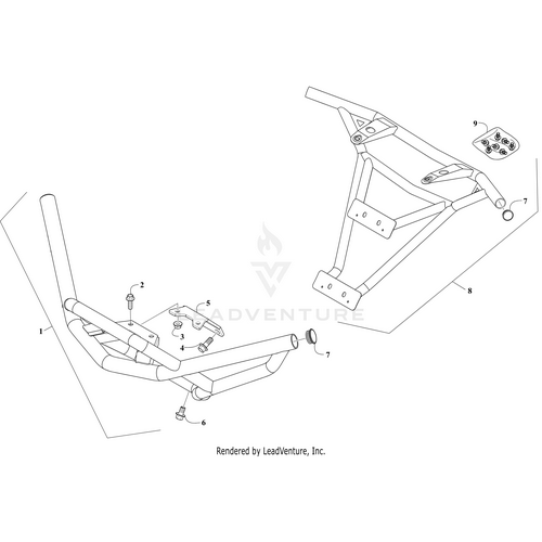 Technical line drawing showing a disassembled frame with labeled parts, bolts, and components for assembly. Features OEM Arctic Cat Rear Bumper-Painted Med Gr Wcxx with reference numbers for each component.