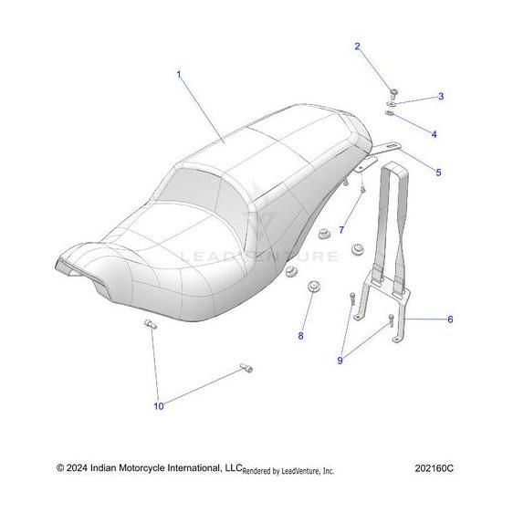 Diagram of a motorcycle seat assembly with labeled parts, including the main seat, Strap Pass Vinyl Black by Polaris, mounting brackets, screws, washers, and other hardware. Each item is numbered for easy reference to OEM parts.
