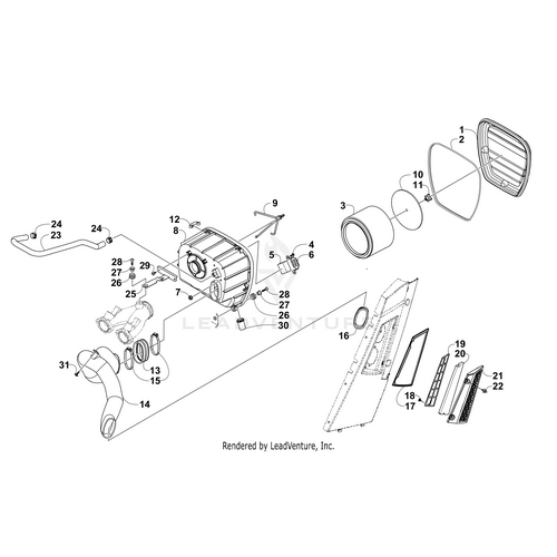 Exploded view diagram of the Air Box Weldment by Arctic Cat with labeled OEM parts, including air filter, housing, clamps, cover, screws, ducts, and mounts—each component numbered for easy identification.