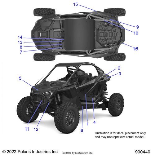 An Image of a Genuine Polaris Parts Schematic Diagram showing the schematic - BODY: DECALS - 2023 POLARIS RZR PRO R SPORT/PREMIUM