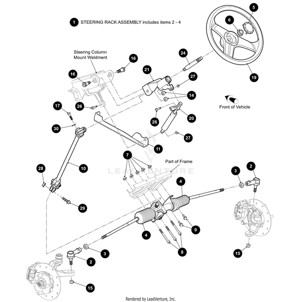 Exploded diagram of a vehicle’s steering rack assembly with labeled parts, including the steering wheel, column, linkages, and the Arctic Cat Shaft Intermediate. Arrows indicate assembly order and vehicle front. Features OEM Arctic Cat Shaft Intermediate.