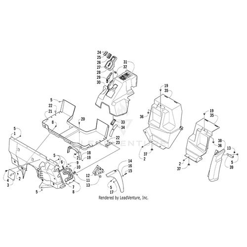 Exploded diagram of an ATV center console assembly, showing individual numbered parts—panels, covers, fasteners, and switches—all clearly labeled for easy identification—specific to the Arctic Cat Center Console and genuine OEM Arctic Cat parts.