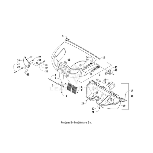 Exploded diagram of front-end components, including grille, headlights, bumper, 550 Efi mounts, OEM Arctic Cat parts, and the Hood Decal - 550 Efi - Left by Arctic Cat, with numbered labels showing parts and assembly order.