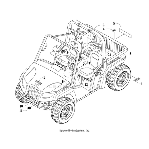 Line drawing of a UTV with numbered parts—seats, roll cage, cargo bed, wheels, doors, and dashboard. The front-right view highlights the Front Decal - Arctic Cat Logo by Arctic Cat and various OEM Arctic Cat parts.