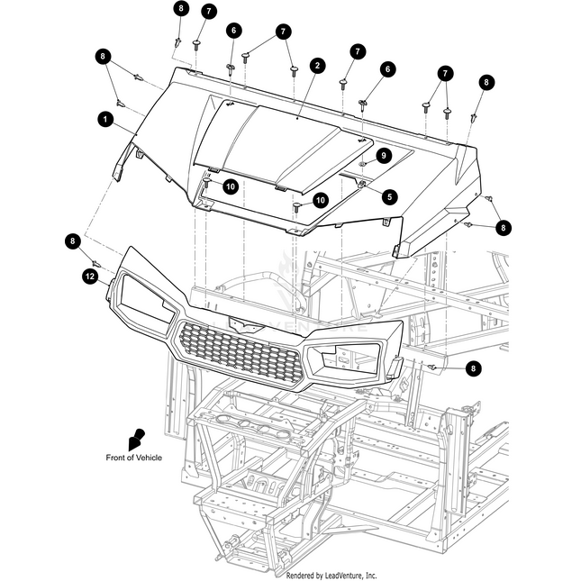 Exploded diagram of the Arctic Cat UTV Cowl Fire Red shows the front hood, grille, and frame with numbered bolts and components for assembly. Arrow marks the front; compatible with OEM Arctic Cat parts.