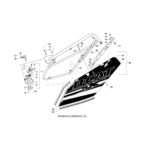 Black and white technical diagram showing the Door W/O Decals - Right - Black by Arctic Cat as a large side panel, with OEM Arctic Cat parts and numbered frame components arranged around it.