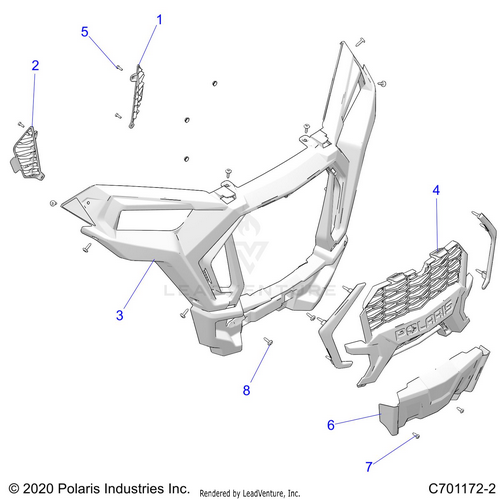 An Image of a Genuine Polaris Parts Schematic Diagram showing the schematic - BODY: FRONT BUMPER - 2021 POLARIS RZR XP 1000 HIGH LIFTER