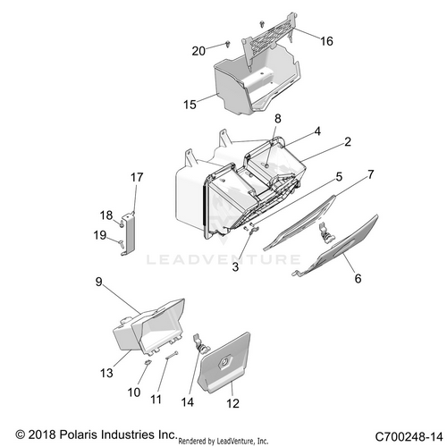 An Image of a Genuine Polaris Parts Schematic Diagram showing the schematic - BODY: DASH STORAGE - 2021 POLARIS RZR XP 1000 TRAILS & ROCKS