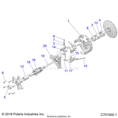An Image of a Genuine Polaris Parts Schematic Diagram showing the schematic - DRIVE TRAIN: PRIMARY CLUTCH - 2020 POLARIS RZR XP TURBO