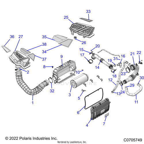 An Image of a Genuine Polaris Parts Schematic Diagram showing the schematic - ENGINE: AIR INTAKE SYSTEM - 2022 POLARIS RZR PRO XP ULTIMATE ROCKFORD LE