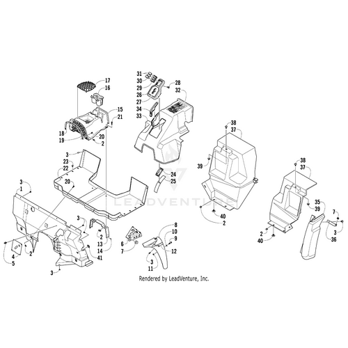 Exploded diagram of vehicle parts with numbered components—covers, housings, fasteners, brackets—ideal for assembly reference using genuine OEM Plug by Arctic Cat from Witchdoctors.com.