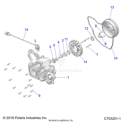 An Image of a Genuine Polaris Parts Schematic Diagram showing the schematic - ENGINE: STATOR COVER AND FLYWHEEL - 2022 POLARIS RZR TRAIL 570