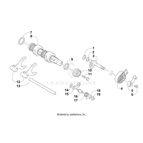 Exploded diagram of the Gear Shaft Shift - Assembly by Arctic Cat, with numbered gears, shafts, washers, levers, and rings—showing OEM part arrangement for models such as Wildcat, Prowler, and Alterra.