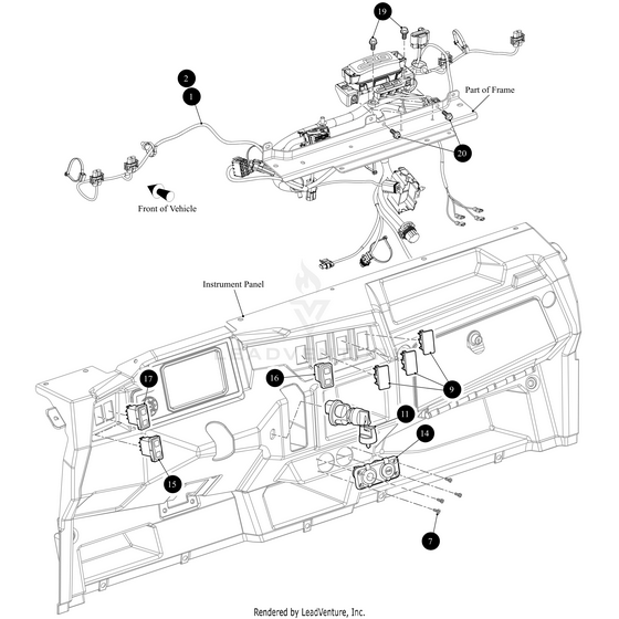 Technical diagram of a vehicle’s instrument panel with labeled components, wiring, and connectors—including the UTV Main Front Harness by Arctic Cat—with callouts for parts and positions; available at Witchdoctors.com.