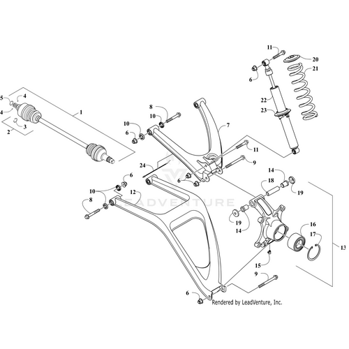 Exploded diagram of a vehicle’s rear suspension with labeled parts—control arms, shock absorber, coil spring, axle components, and Bushing by Arctic Cat—plus other OEM Arctic Cat Parts.