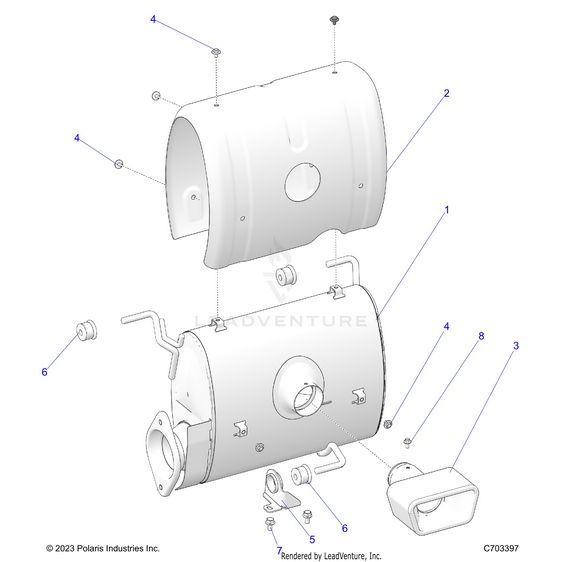 An Image of a Genuine Polaris Parts Schematic Diagram showing the schematic - ENGINE: EXHAUST SYSTEM SILENCER AND RELATED - 2024 POLARIS RZR PRO R 4 ULTIMATE