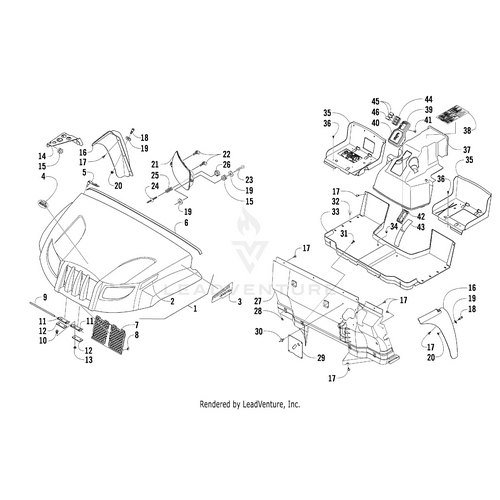 Exploded diagram of vehicle front-end parts with labeled components—perfect for sourcing OEM Arctic Cat parts or matching the Graphic Decal-Side-Left(Prowler St) by Arctic Cat.