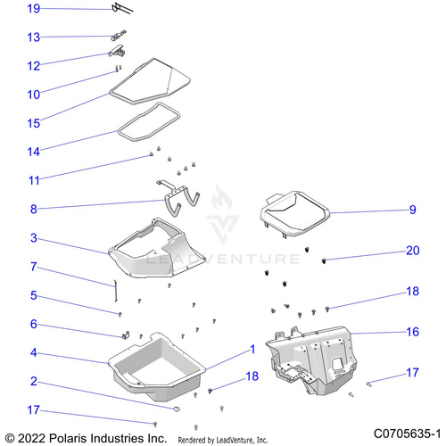 An Image of a Genuine Polaris Parts Schematic Diagram showing the schematic - BODY: FRONT STORAGE - 2021 POLARIS RZR PRO XP SPORT CA