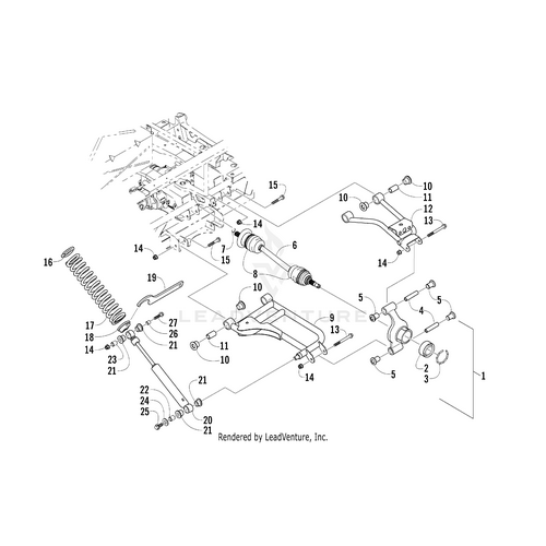 Exploded view diagram of a rear lower right A-Arm (Black, fits 10-11) by Arctic Cat—labeled components help identify replacement parts or OEM UTV/ATV Arctic Cat A-Arm assemblies.