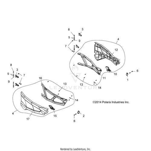 An Image of a Genuine Polaris Parts Schematic Diagram showing the schematic - BODY: DOORS - 2016 POLARIS RZR 900/900 EPS