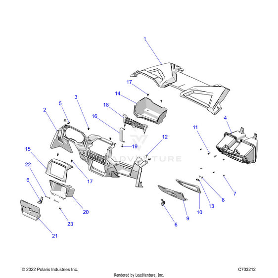 An Image of a Genuine Polaris Parts Schematic Diagram showing the schematic - BODY: DASH AND GLOVEBOX - 2023 POLARIS RZR 900 TRAIL