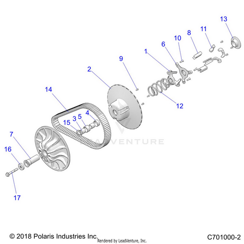 An Image of a Genuine Polaris Parts Schematic Diagram showing the schematic - DRIVE TRAIN: SECONDARY CLUTCH - 2020 POLARIS RZR XP TURBO