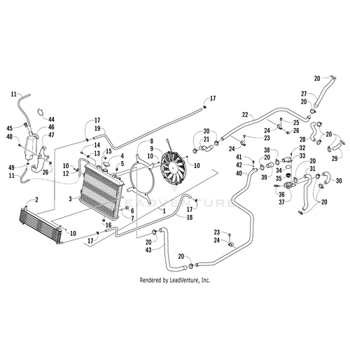 Exploded diagram of a vehicle’s cooling system showing radiator, fan, connectors, OEM Arctic Cat parts, and hoses—like the Oil Hose - Lower by Arctic Cat—with each part labeled by number and connected by lines.