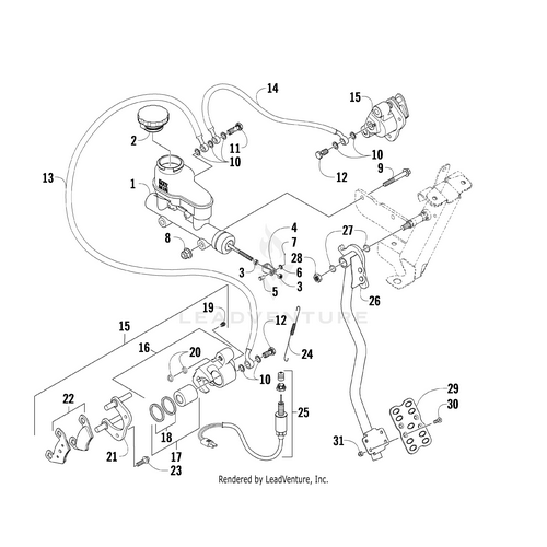 Line drawing of a vehicle brake system assembly with labeled parts, including the master cylinder, brake lines, brackets, pedals, and precise placement for OEM Arctic Cat parts like the Brake Pad - Black by Arctic Cat.