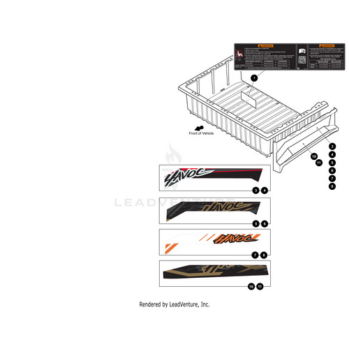Diagram of a truck bed showing label placement for the Cargo Box Decal Left (Ballistic Bronze) for Havoc X models by Arctic Cat, with four close-up images of “Havoc” decals in various colors and styles below.