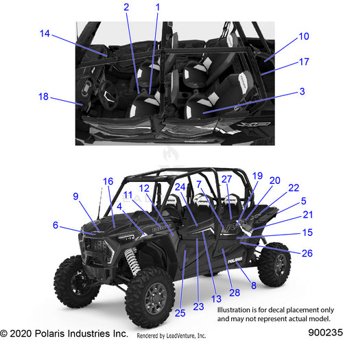 An Image of a Genuine Polaris Parts Schematic Diagram showing the schematic - BODY: DECALS - 2021 POLARIS RZR XP 4 1000