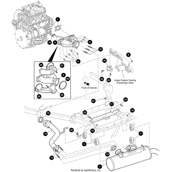 Technical diagram showing a vehicle engine connected to exhaust system components, with numbered labels identifying Arctic Cat OEM parts like the Exhaust Spring, brackets, pipes, bolts, and hardware. Arrows show assembly flow.