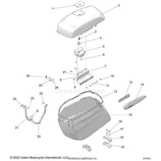 Exploded diagram of Lid Saddlebag LH Bludsk [Blue Dusk] by Polaris, showing all components—lid, body, mounting brackets, fasteners—labeled with Polaris OEM Parts numbers and lines indicating their placement.