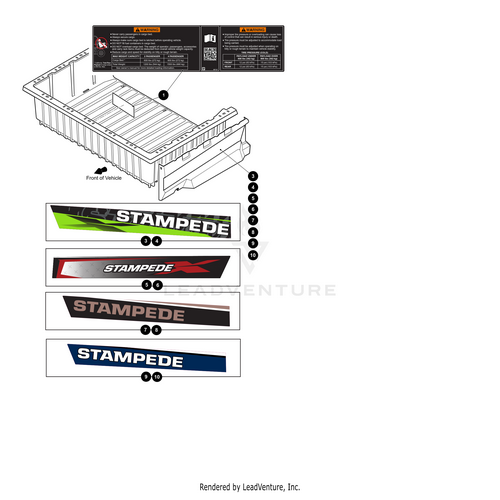 Diagram of a vehicle cargo bed with numbered labels plus four Cargo Box Decal Left (For Stampede) by Arctic Cat designs in different colors and styles below for placement or selection—ideal for custom OEM Arctic Cat parts.