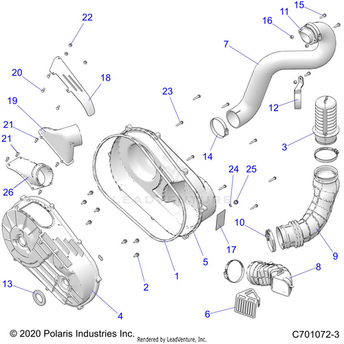 An Image of a Genuine Polaris Parts Schematic Diagram showing the schematic - DRIVE TRAIN: CLUTCH COVER AND DUCTING - 2024 POLARIS RZR TRAIL S 1000 ULTIMATE