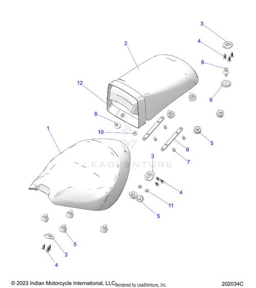 Exploded diagram showing components and fasteners for mounting a motorcycle seat and backrest, featuring Indian Motorcycle OEM parts like the seat, backrest, bolts, washers, and Polaris Bushing Compression Lmter M6 2—all clearly labeled.