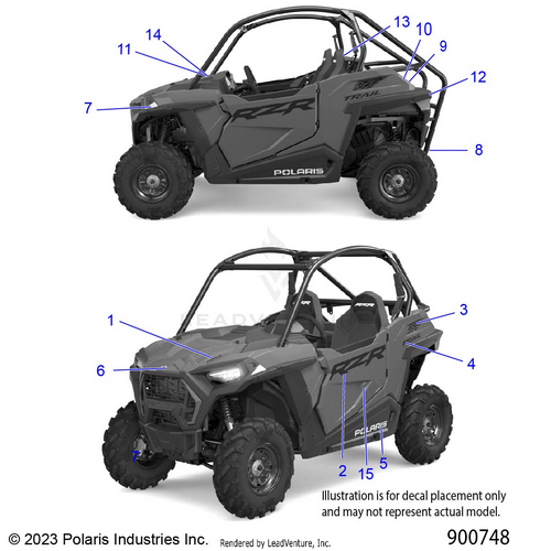 An Image of a Genuine Polaris Parts Schematic Diagram showing the schematic - BODY: DECALS - 2024 POLARIS RZR 900 TRAIL SPORT