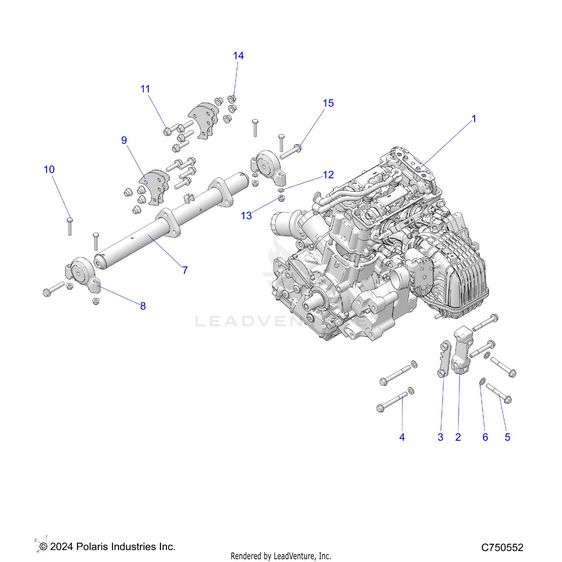 An Image of a Genuine Polaris Parts Schematic Diagram showing the schematic - ENGINE: MOUNTING & LONG BLOCK - 2017 POLARIS RZR XP 1000