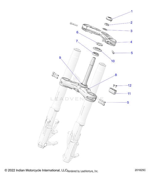 Technical illustration showing an exploded diagram of an Indian Motorcycle front fork assembly, featuring numbered OEM parts such as fork tubes, bolts, and the Clamp Triple Lower Black/Mach by Polaris.