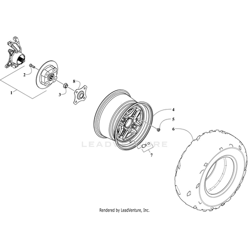 Exploded diagram of a vehicle wheel assembly displaying components from left to right: hub, brake disc, mounting plate, alloy wheel, bolts, valve stem, and Tire 25X10.5R12 - K519 by Arctic Cat in assembly order.