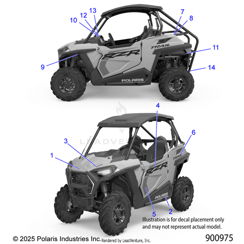 An Image of a Genuine Polaris Parts Schematic Diagram showing the schematic - BODY: DECALS - 2026 POLARIS RZR 900 TRAIL SPORT