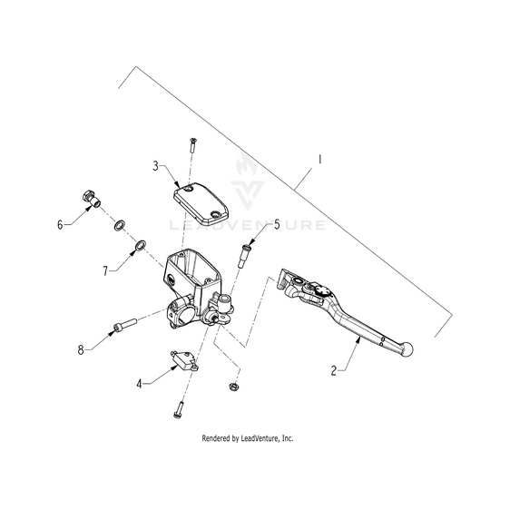 Exploded diagram of the Reva Front Brake Master Cylinder Pol Mach | [Vintage] by Polaris for Indian Motorcycle, showing numbered parts like lever, screws, reservoir, and lid to illustrate factory-direct component placement.