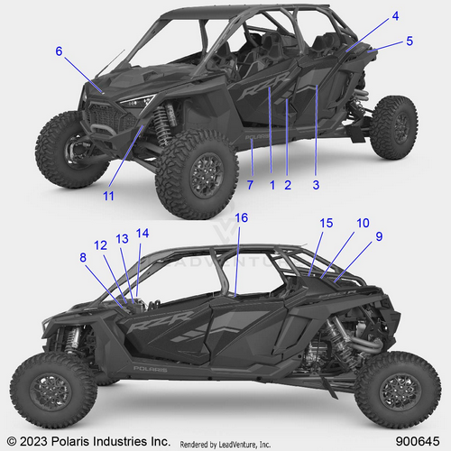 An Image of a Genuine Polaris Parts Schematic Diagram showing the schematic - BODY: DECALS - 2023 POLARIS RZR PRO R 4 SPORT