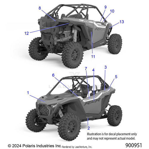 An Image of a Genuine Polaris Parts Schematic Diagram showing the schematic - BODY: DECALS - 2025 POLARIS RZR PRO XP PREMIUM