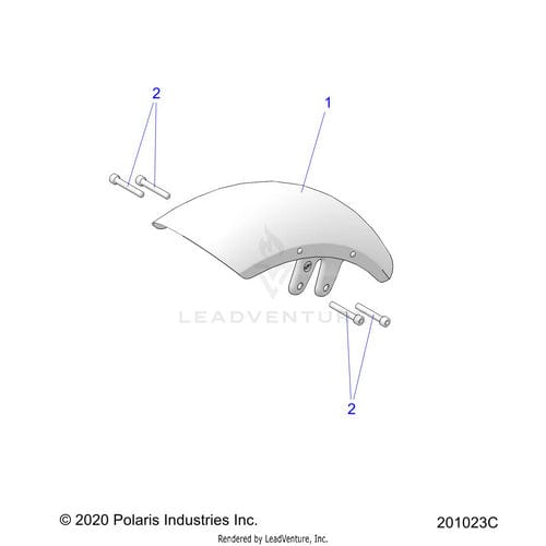 Technical diagram of the Fender Bob Front Qtz Gray by Polaris, showing three mounting brackets and two bolts labeled 2. Features Indian Motorcycle OEM parts. © 2020 Polaris Industries Inc. at bottom of image.