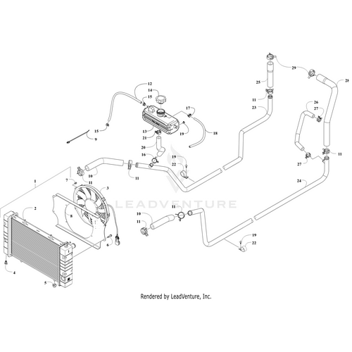 Exploded view of a vehicles cooling system, highlighting components such as the radiator, hoses, clamps, reservoir, and the Arctic Cat Coolant Pipe - Thermostat/Radiator—perfect for identifying genuine Arctic Cat parts and their connections.