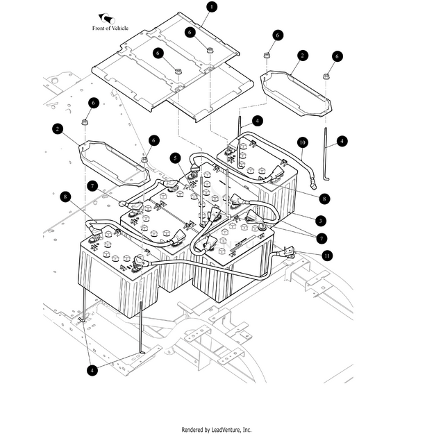 Exploded diagram of a vehicle battery compartment shows two batteries, cables, mounting brackets, labeled hardware, and the Bolt Tie Down by Arctic Cat. Components are numbered for assembly with OEM parts from Witchdoctors.com.
