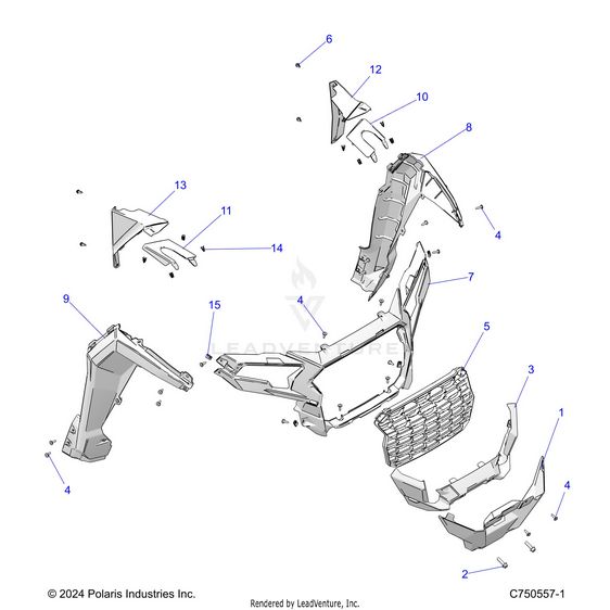 An Image of a Genuine Polaris Parts Schematic Diagram showing the schematic - BODY: FRONT FACIA GRILLE AND FLARES - 2025 POLARIS RZR XP 4 1000 ULTIMATE